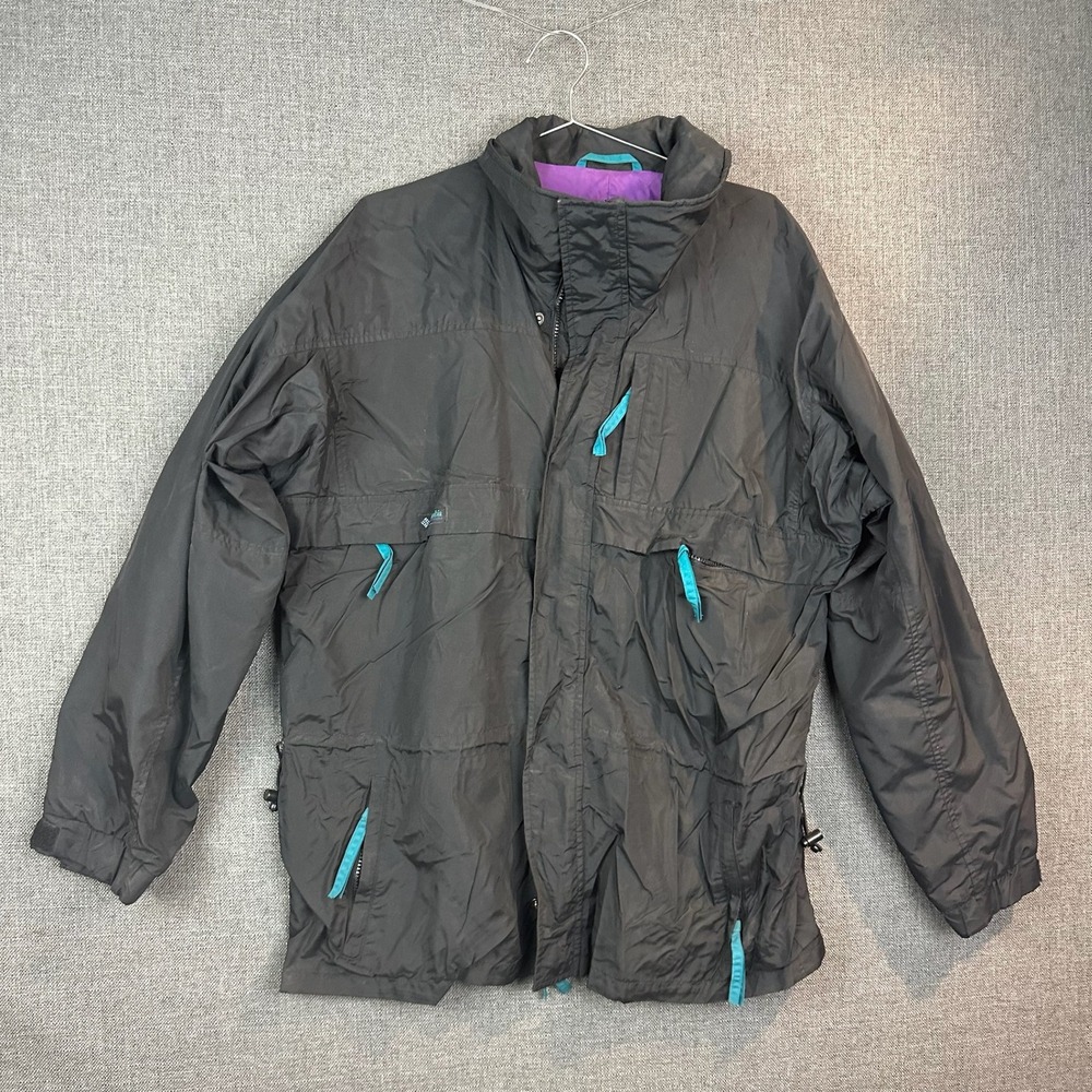 Columbia Sportswear Mens L Black Lightweight Rain Jacket Teal Accent